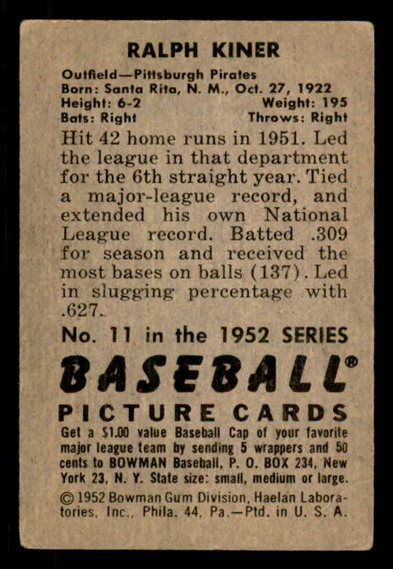 1952 Bowman Baseball #011 Ralph Kiner Pirates VG-EX 556256