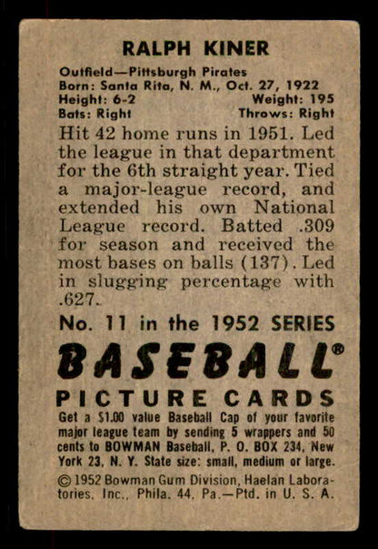 1952 Bowman Baseball #011 Ralph Kiner Pirates VG-EX 556256