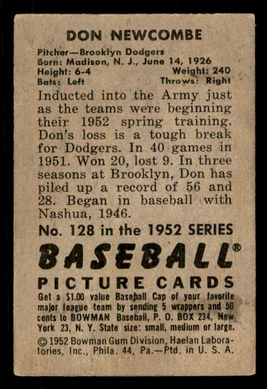 1952 Bowman Baseball #128 Don Newcombe Dodgers VG-EX 556259