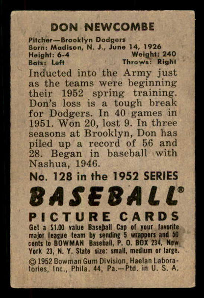 1952 Bowman Baseball #128 Don Newcombe Dodgers VG-EX 556259