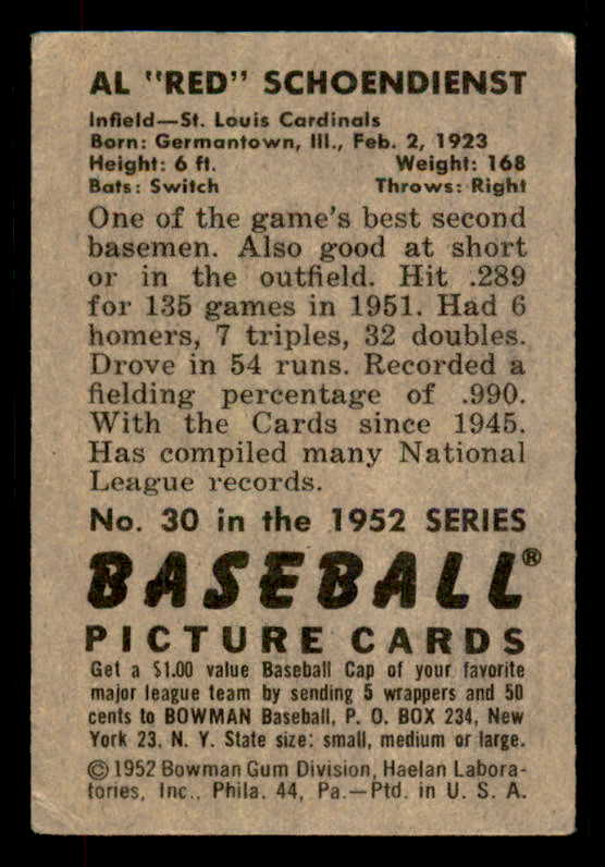 1952 Bowman Baseball #030 Red Schoendienst Cardinals VG-EX 556260