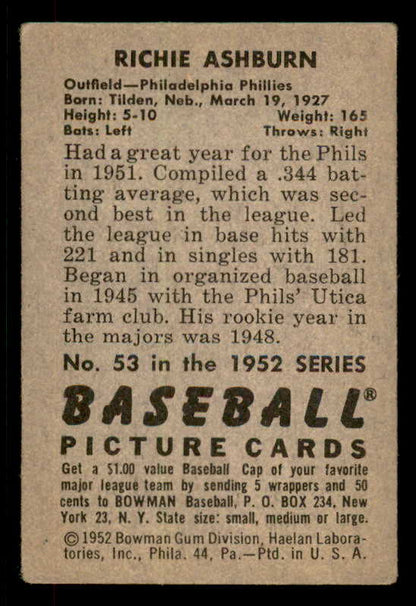 1952 Bowman Baseball #053 Richie Ashburn Phillies VG-EX 556261