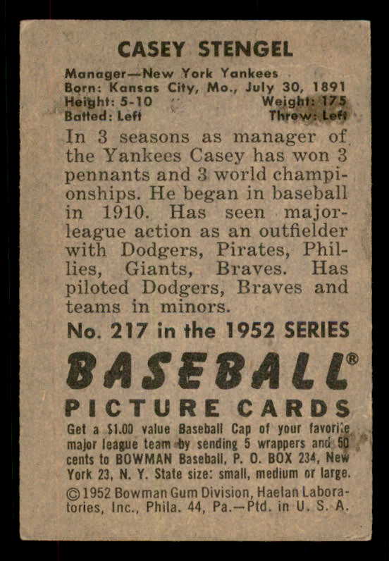 1952 Bowman Baseball #217 Casey Stengel Yankees EX+/EX-MT 556262