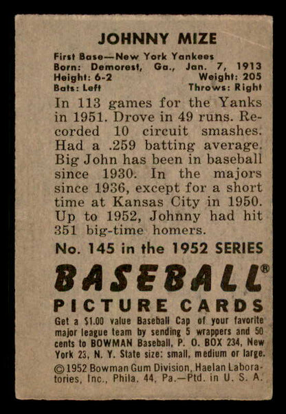 1952 Bowman Baseball #145 Johnny Mize Yankees EX 556264