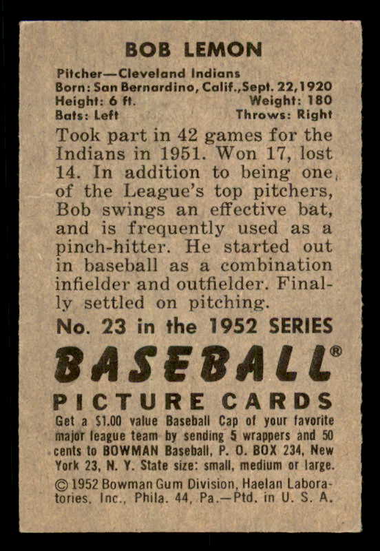 1952 Bowman Baseball #023 Bob Lemon Indians EX-MT 556266