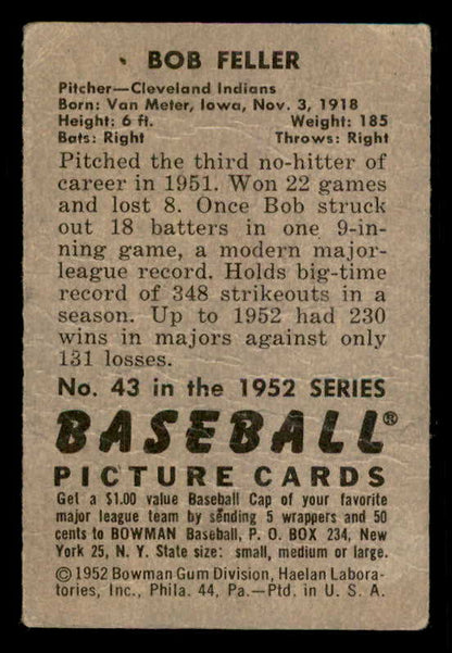 1952 Bowman Baseball #043 Bob Feller Indians Fair 556269