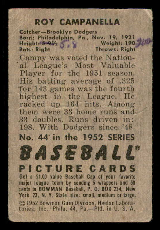 1952 Bowman Baseball #044 Roy Campanella Dodgers FR-GD 556270