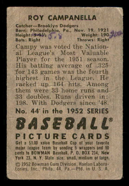 1952 Bowman Baseball #044 Roy Campanella Dodgers FR-GD 556270