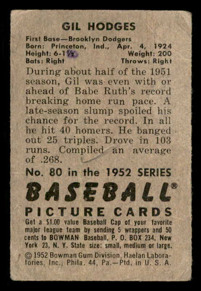1952 Bowman Baseball #080 Gil Hodges Dodgers Fair 556271