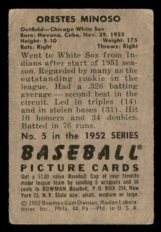 1952 Bowman Baseball #005 Minnie Minoso White Sox Fair 556272