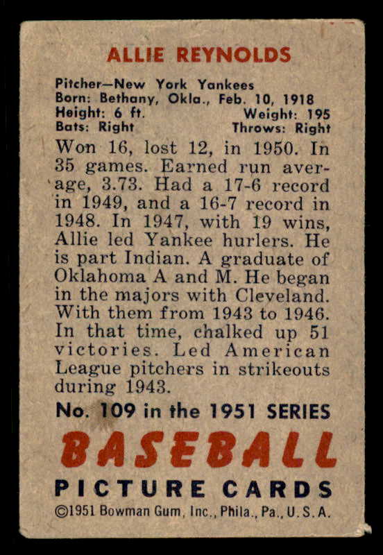 1951 Bowman Baseball #109 Allie Reynolds Yankees VG 556273