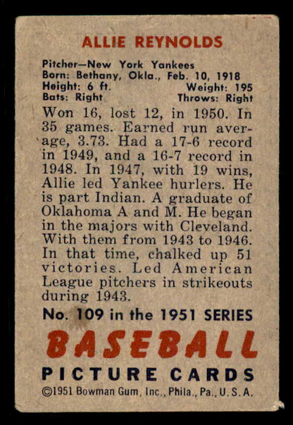1951 Bowman Baseball #109 Allie Reynolds Yankees VG 556273
