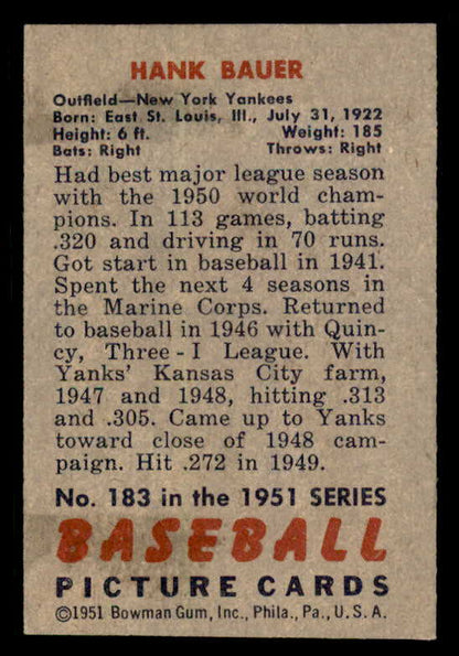 1951 Bowman Baseball #183 Hank Bauer Yankees EX 556276