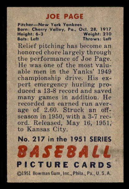 1951 Bowman Baseball #217 Joe Page Yankees EX+/EX-MT 556277