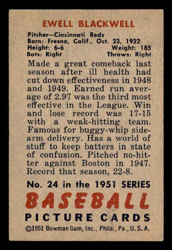 1951 Bowman Baseball #024 Ewell Blackwell Reds EX+/EX-MT 556279