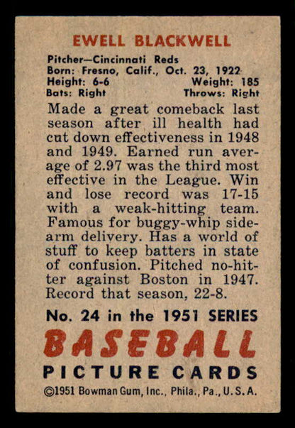 1951 Bowman Baseball #024 Ewell Blackwell Reds EX+/EX-MT 556279