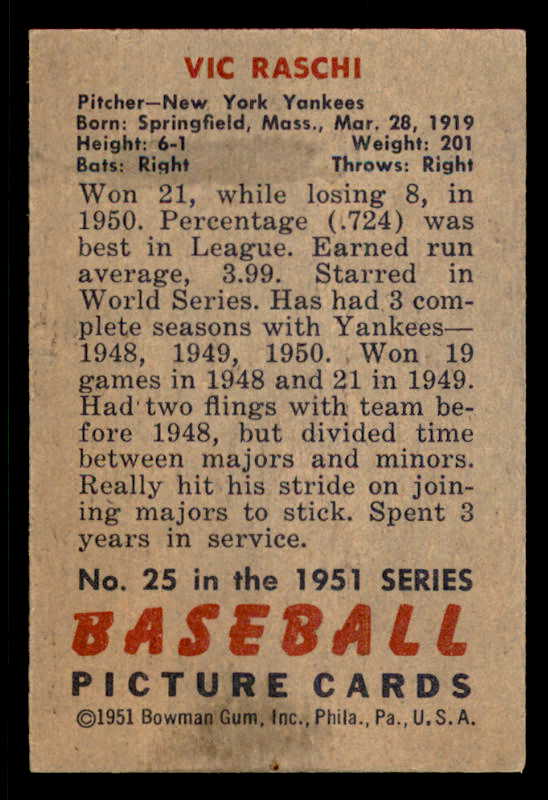 1951 Bowman Baseball #025 Vic Raschi Yankees EX-MT 556280