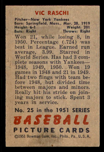 1951 Bowman Baseball #025 Vic Raschi Yankees EX-MT 556280