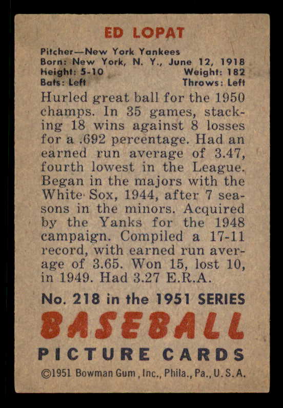 1951 Bowman Baseball #218 Eddie Lopat Yankees EX-MT 556281