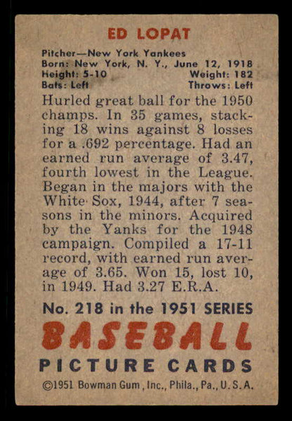 1951 Bowman Baseball #218 Eddie Lopat Yankees EX-MT 556281