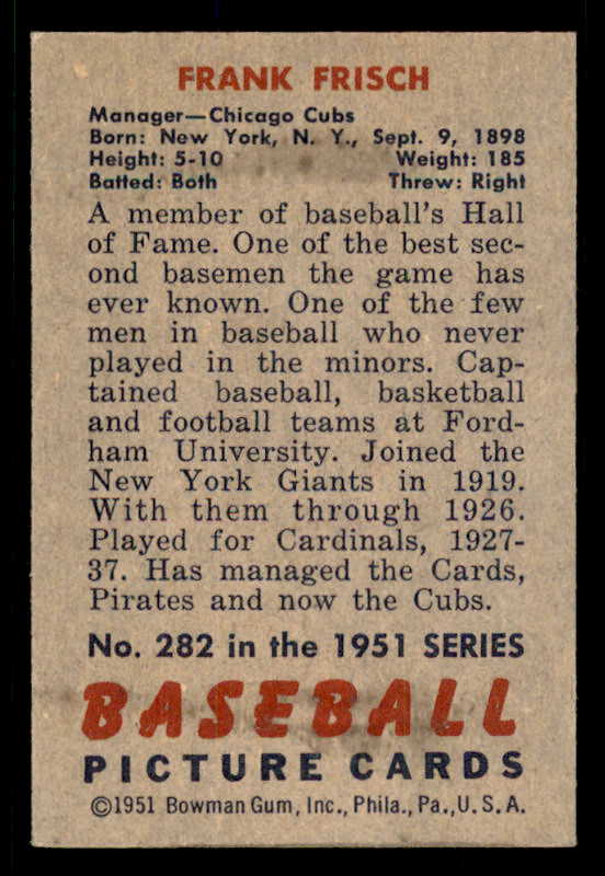 1951 Bowman Baseball #282 Frank Frisch Cubs EX-MT 556286