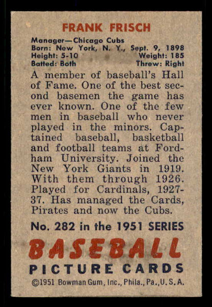 1951 Bowman Baseball #282 Frank Frisch Cubs EX-MT 556286