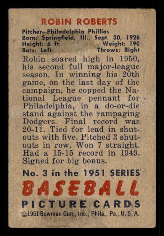1951 Bowman Baseball #003 Robin Roberts Phillies VG-EX 556287