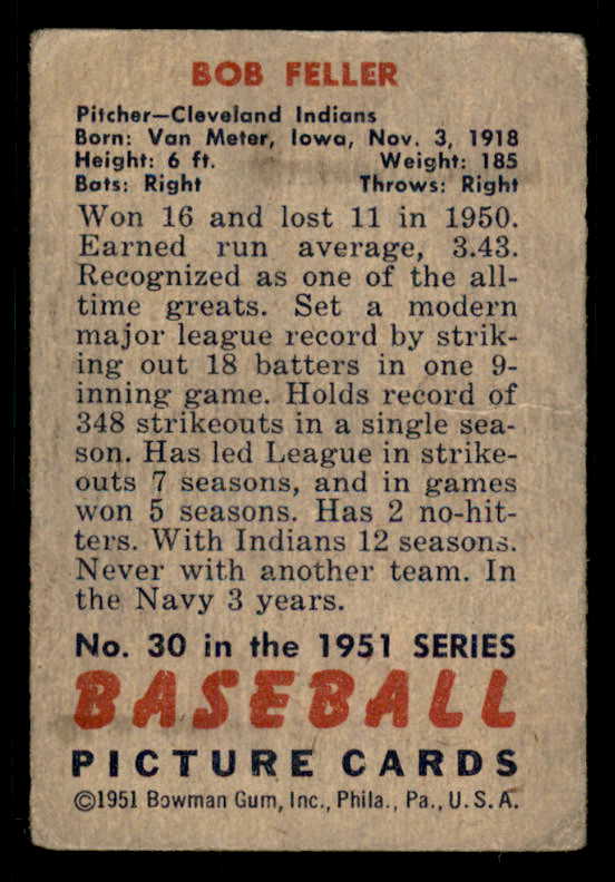 1951 Bowman Baseball #030 Bob Feller Indians Good 556292