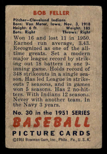 1951 Bowman Baseball #030 Bob Feller Indians Good 556292