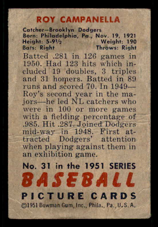 1951 Bowman Baseball #031 Roy Campanella Dodgers FR-GD 556293