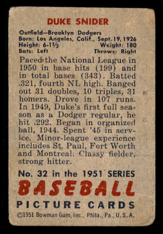 1951 Bowman Baseball #032 Duke Snider Dodgers Fair 556294