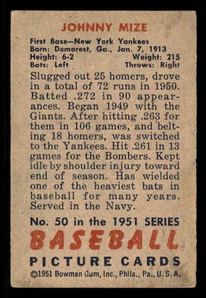 1951 Bowman Baseball #050 Johnny Mize Yankees VG-EX 556295