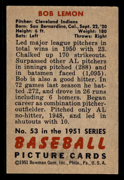 1951 Bowman Baseball #053 Bob Lemon Indians EX+/EX-MT 556296