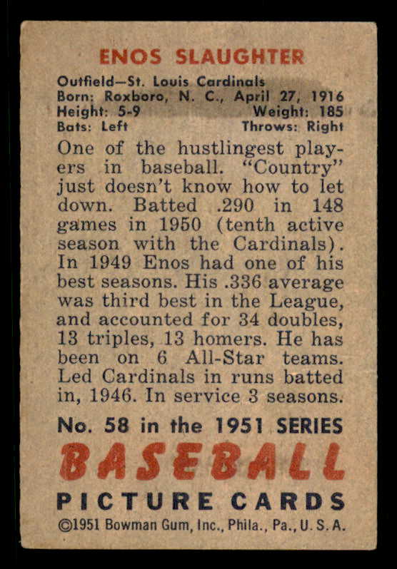 1951 Bowman Baseball #058 Enos Slaughter Cardinals EX+/EX-MT 556297