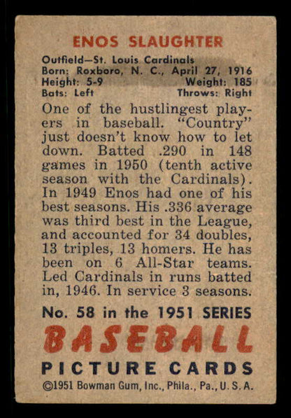 1951 Bowman Baseball #058 Enos Slaughter Cardinals EX+/EX-MT 556297