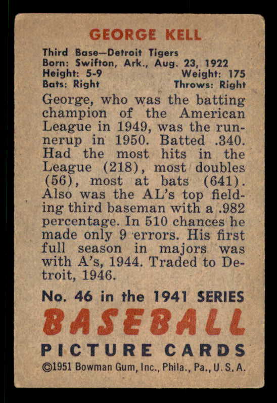 1951 Bowman Baseball #046 George Kell Tigers VG-EX 556298
