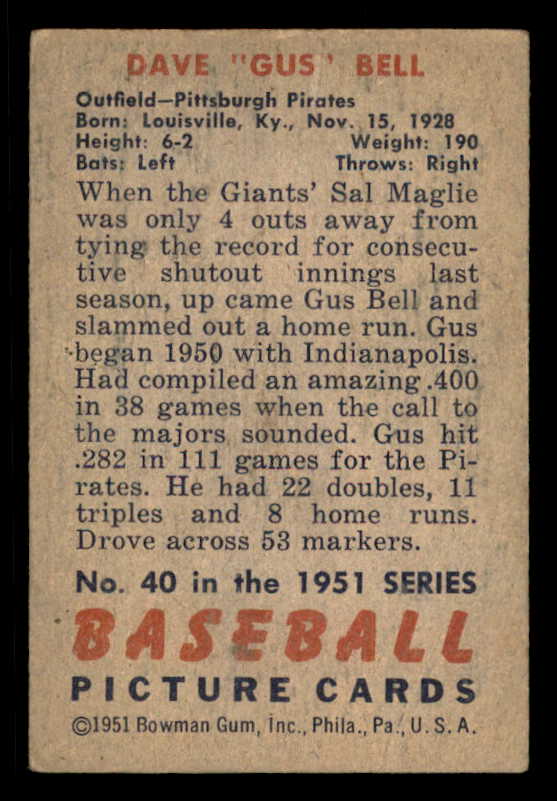 1951 Bowman Baseball #040 Gus Bell Pirates VG 556299