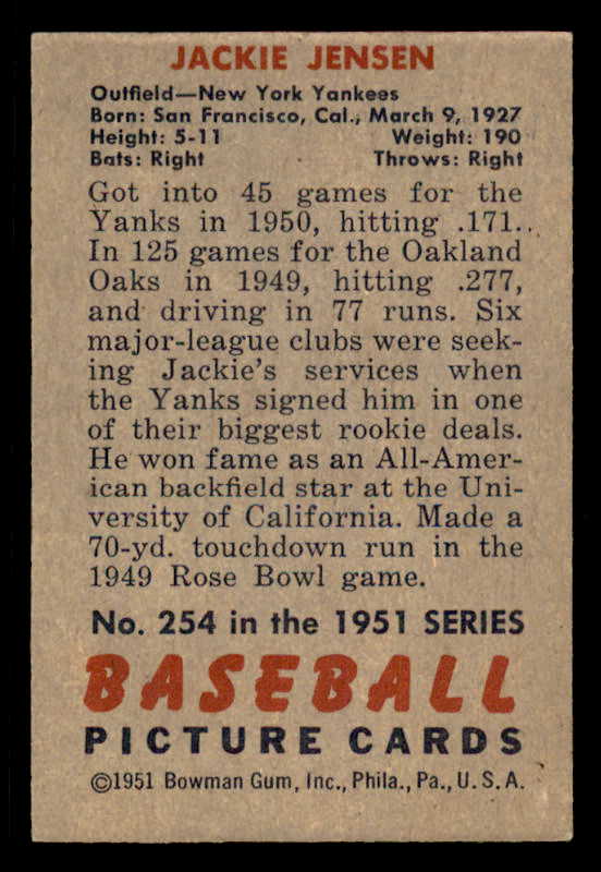 1951 Bowman Baseball #254 Jackie Jensen Yankees EX 556300