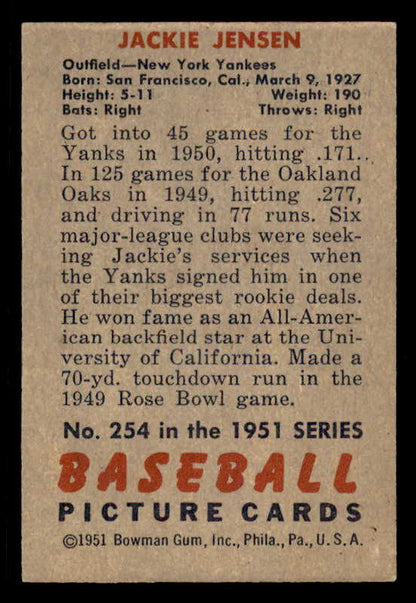 1951 Bowman Baseball #254 Jackie Jensen Yankees EX 556300