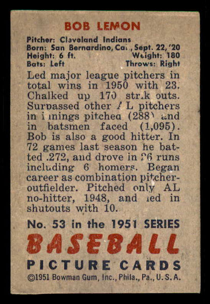 1951 Bowman Baseball #053 Bob Lemon Indians VG-EX 556301