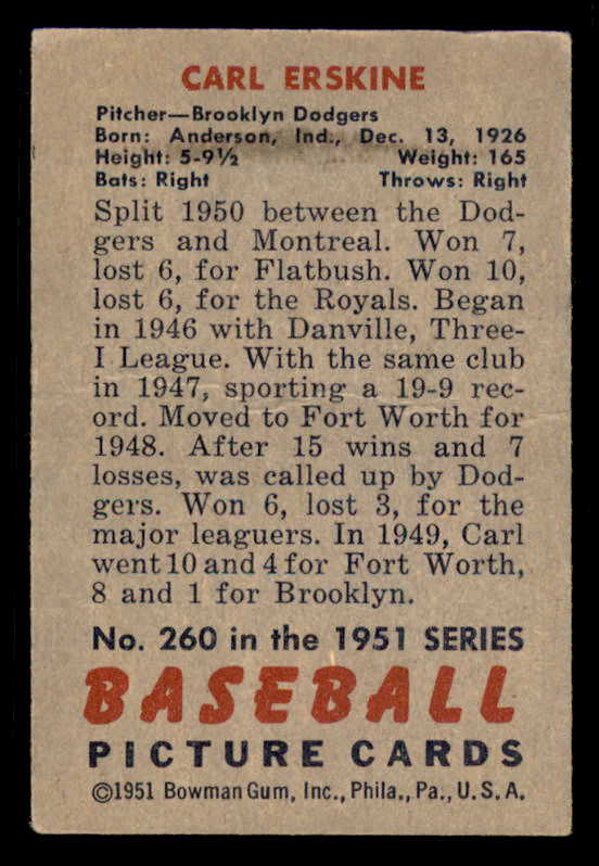 1951 Bowman Baseball #260 Carl Erskine Dodgers EX+/EX-MT 556306