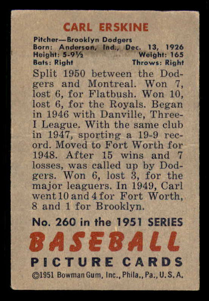 1951 Bowman Baseball #260 Carl Erskine Dodgers EX+/EX-MT 556306