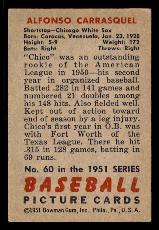 1951 Bowman Baseball #060 Chico Carrasquel White Sox EX+ 556307
