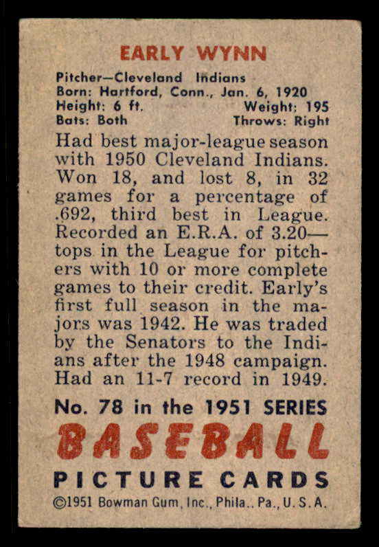 1951 Bowman Baseball #078 Early Wynn Indians VG-EX 556310
