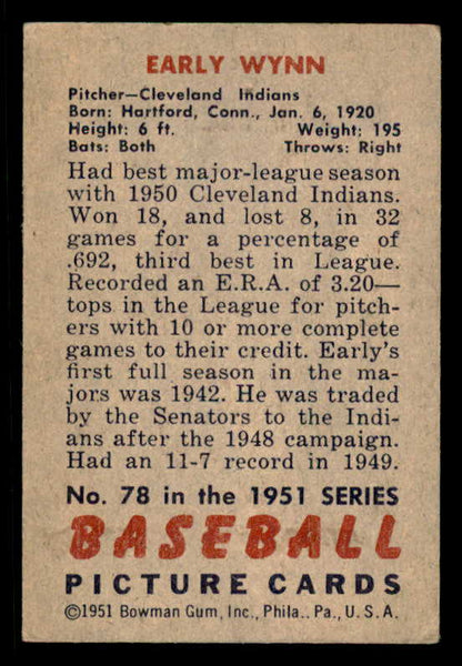 1951 Bowman Baseball #078 Early Wynn Indians VG-EX 556310