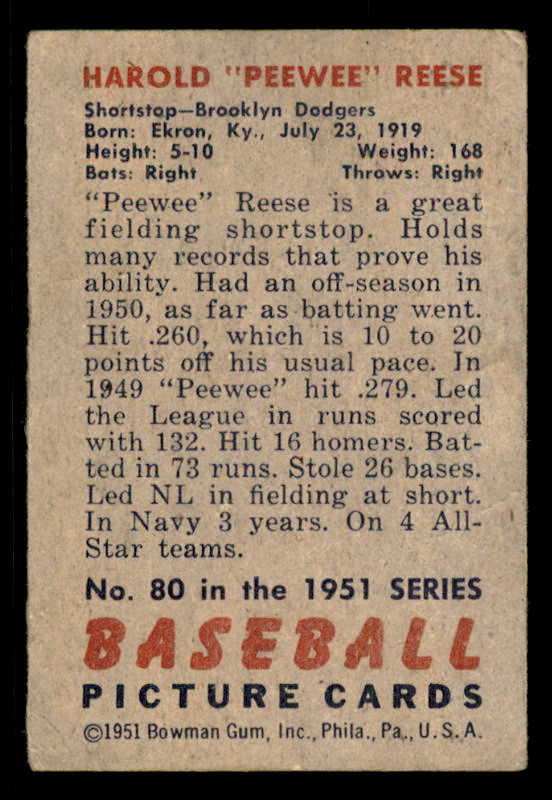 1951 Bowman Baseball #080 Pee Wee Reese Dodgers FR-GD 556311