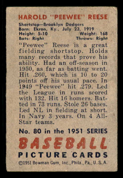 1951 Bowman Baseball #080 Pee Wee Reese Dodgers FR-GD 556311