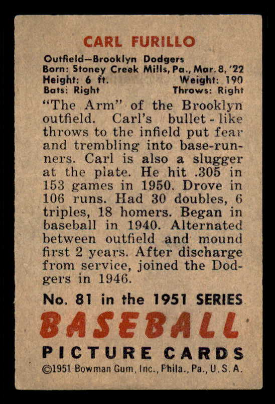 1951 Bowman Baseball #081 Carl Furillo Dodgers EX-MT 556312