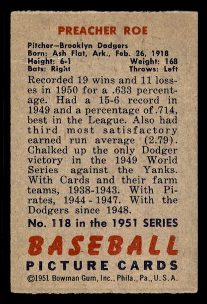 1951 Bowman Baseball #118 Preacher Roe Dodgers Good 556313