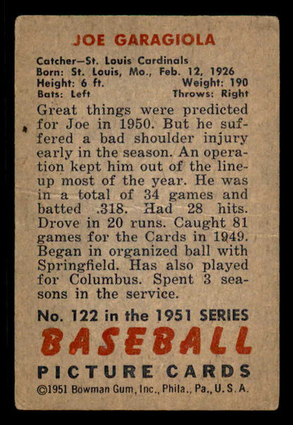 1951 Bowman Baseball #122 Joe Garagiola Cardinals Good 556314
